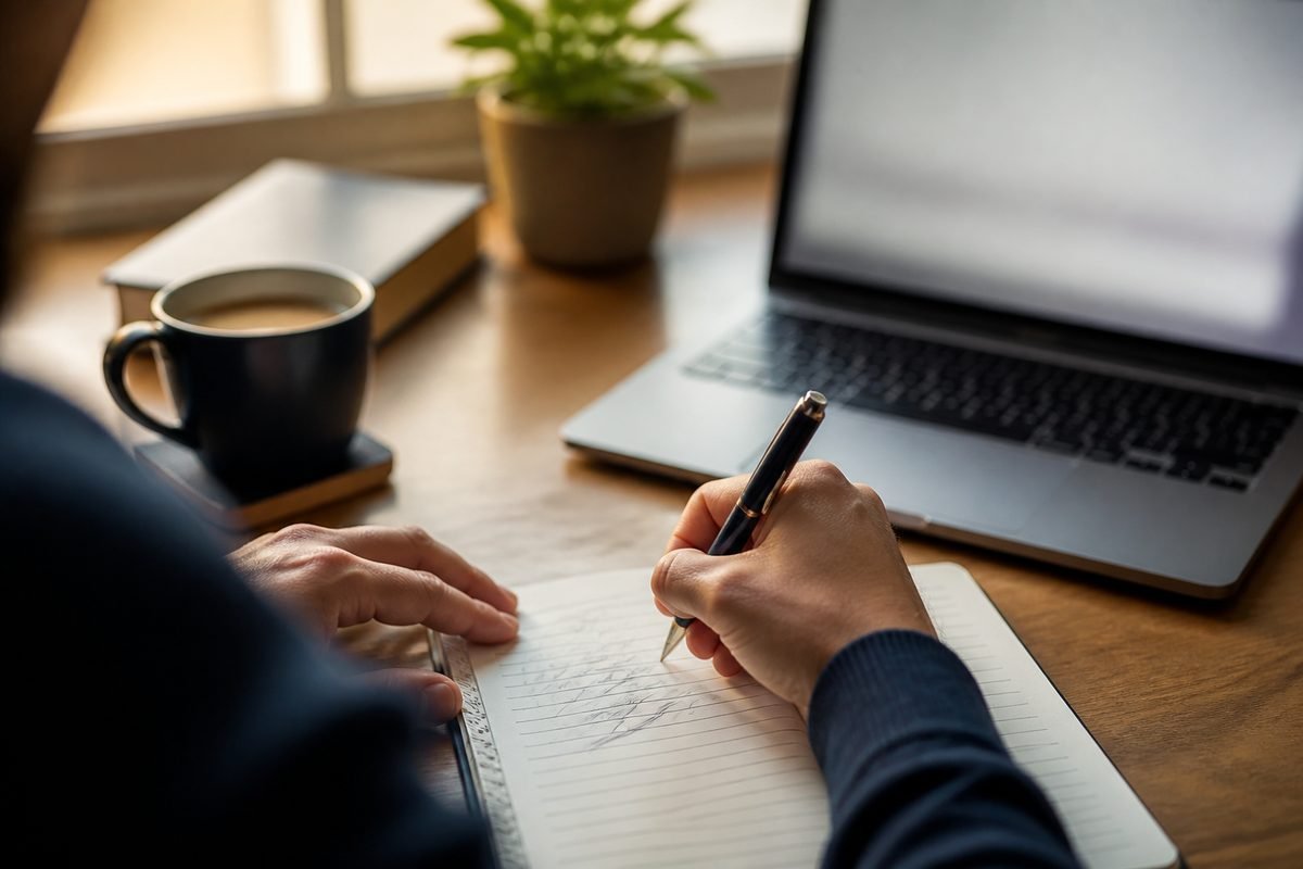 Prise de notes de préparation à côté d'un ordinateur portable ouvert sur un cours en ligne